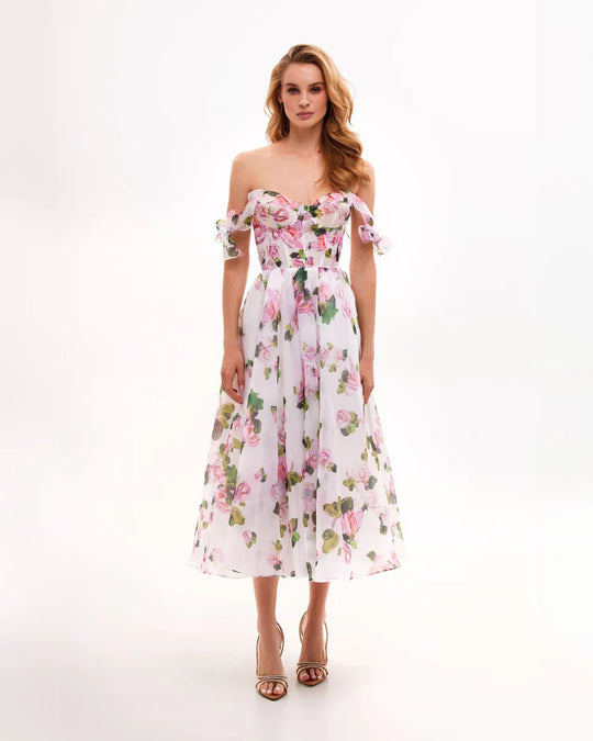 Damen Blumenkleid mit schulterfreiem Design EB