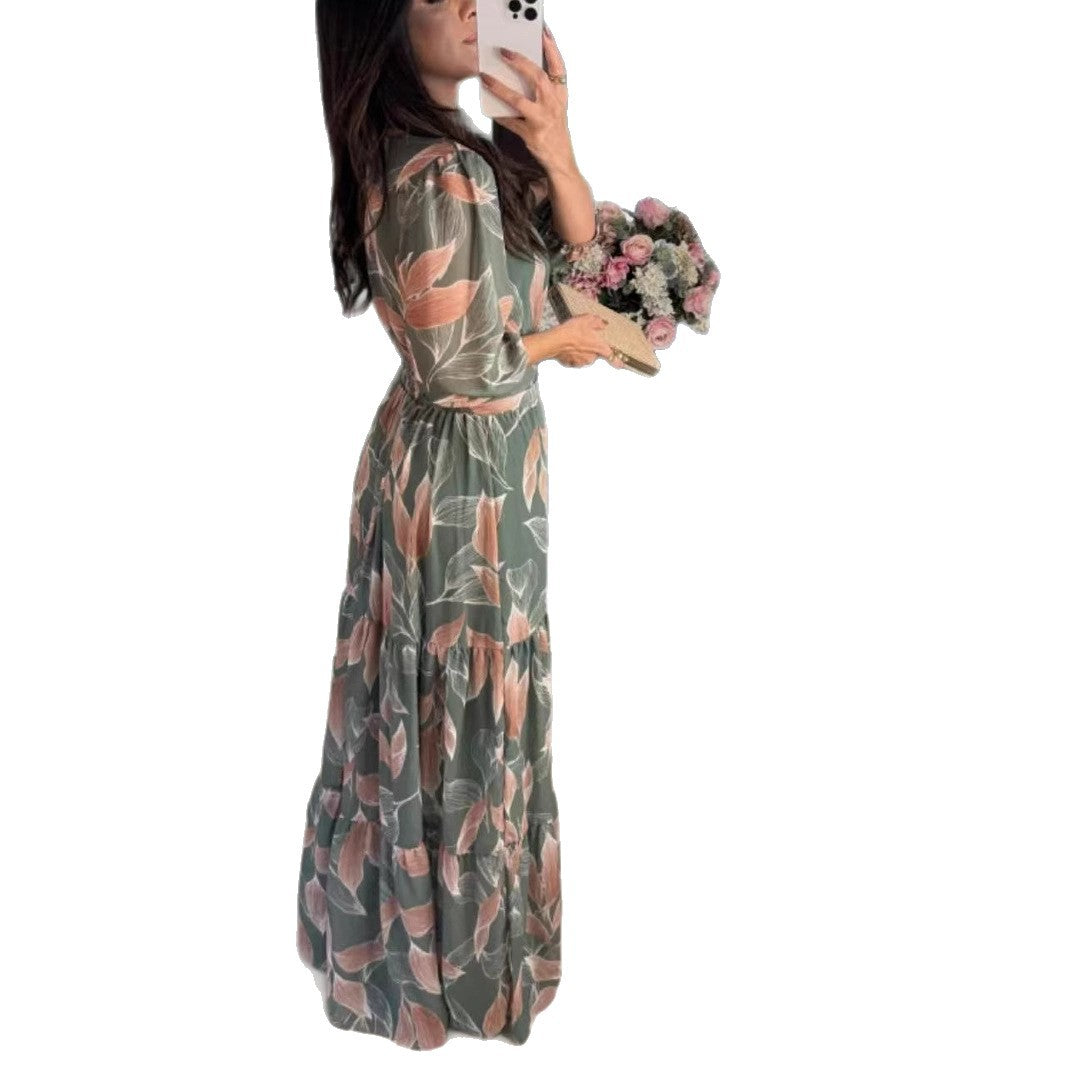 Damen Maxikleid mit buntem Blattmuster und tailliertem Gürtel EB