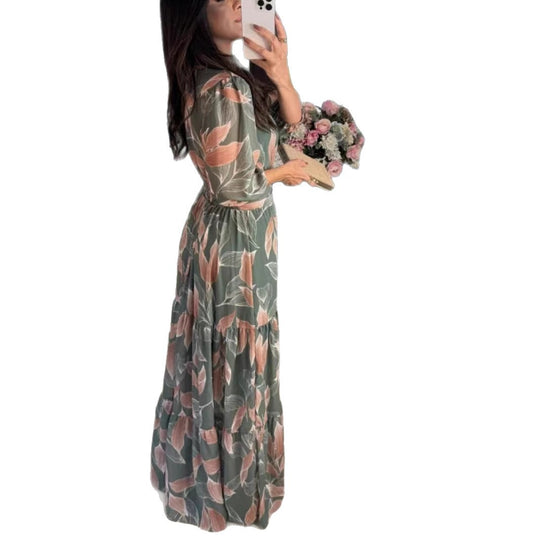 Damen Maxikleid mit buntem Blattmuster und tailliertem Gürtel EB