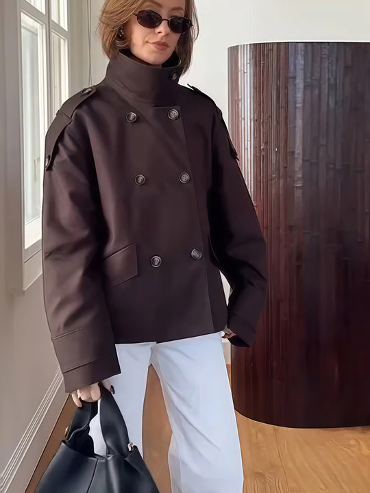 Damen modische Doppelreiher-Jacke mit hohem Kragen und strukturiertem Design EB