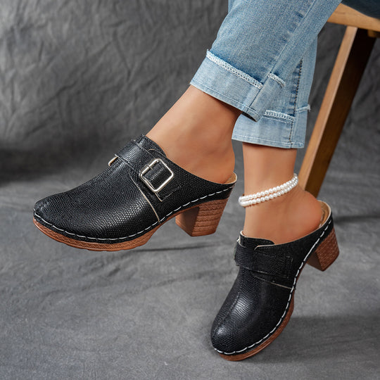 Damen Clogs mit modischem Schnallen-Design und komfortablem blockiertem Absatz EB