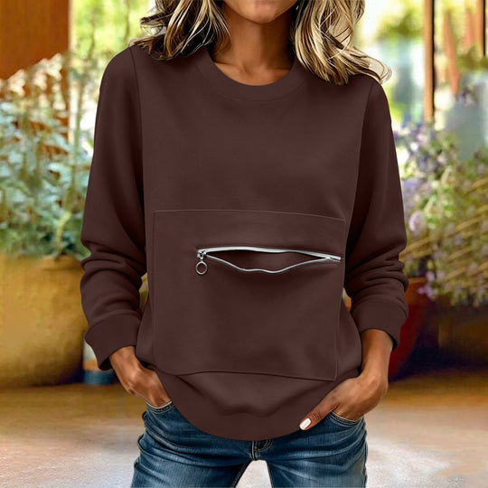 Damen nan locker geschnittenes Sweatshirt mit Frontreißverschlusstasche und Rundhalsausschnitt EB