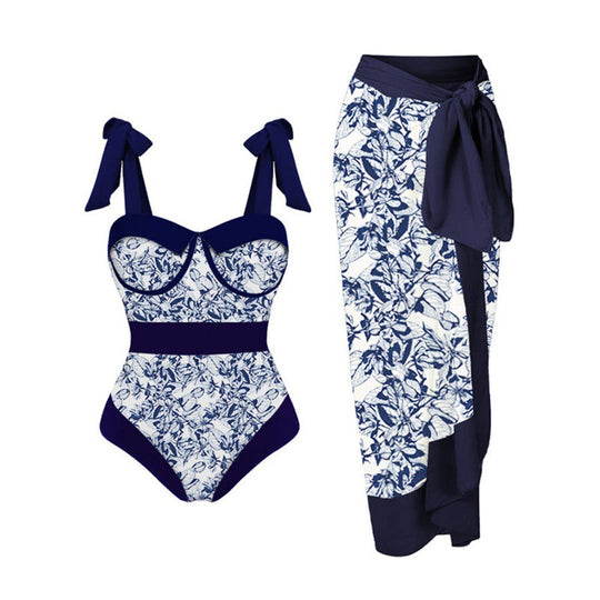 Damen Bikini-Set mit floralem Design und elegantem Überrock EB