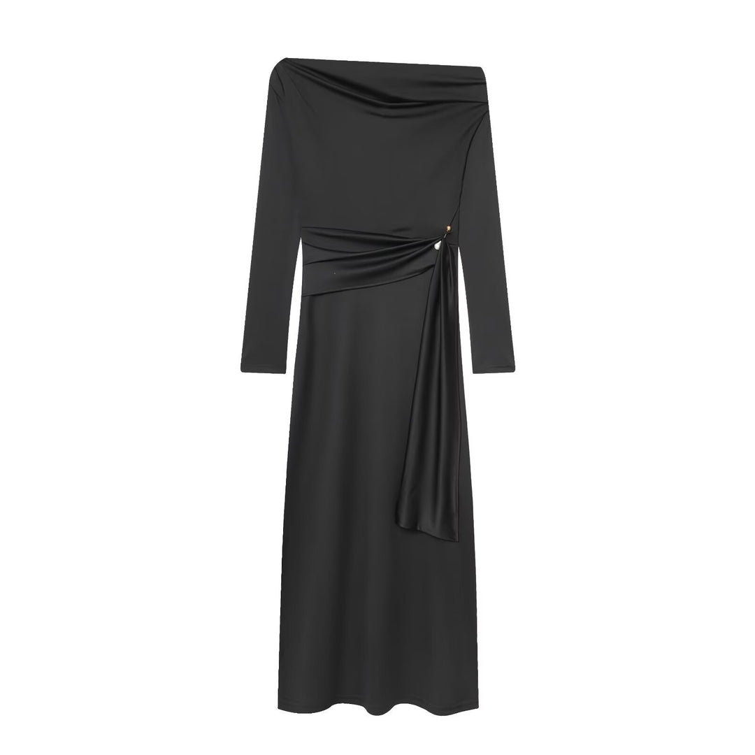 Damen elegantes Maxikleid mit asymmetrischem Ausschnitt und dekorativer Drapierung EB