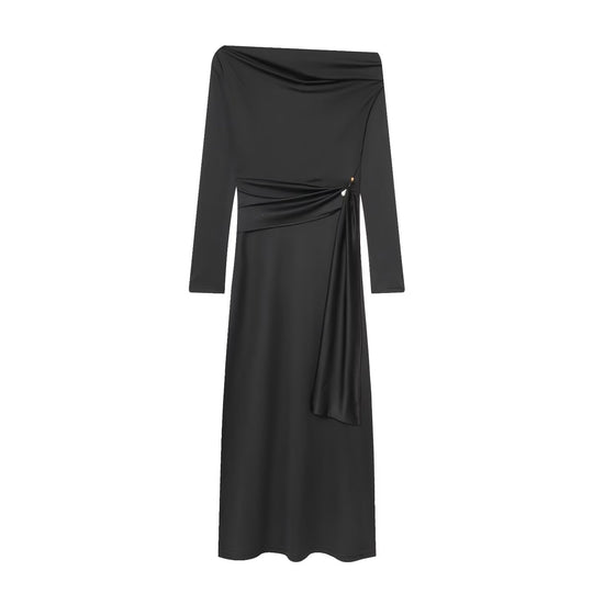 Damen elegantes Maxikleid mit asymmetrischem Ausschnitt und dekorativer Drapierung EB