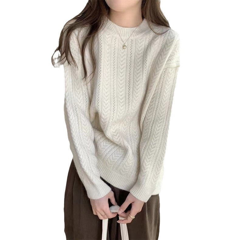 Damen Grobstrickpullover mit modernem Zopfmuster und hohem Rundhalsausschnitt EB