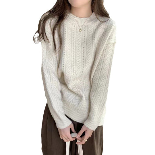 Damen Grobstrickpullover mit modernem Zopfmuster und hohem Rundhalsausschnitt EB