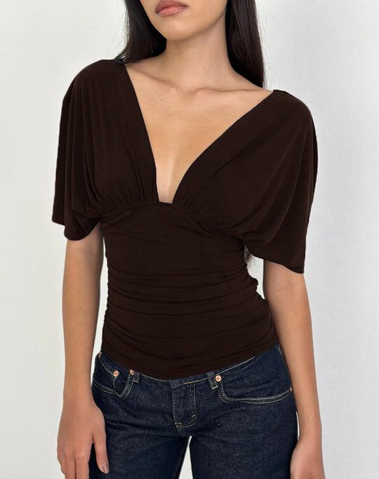 Damen Elegantes Oberteil mit tiefem V-Ausschnitt und lässigem Drapierungsdesign EB