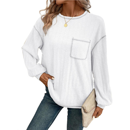 Damen Bequemer Langarm-Shirt mit Rippenstruktur und Brusttasche EB