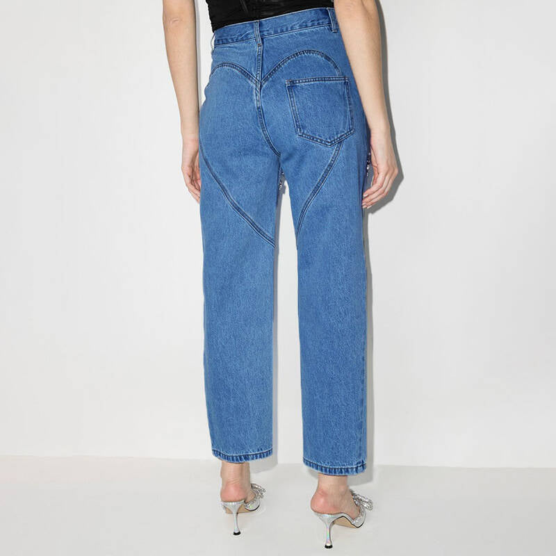 Damen Jeans mit dekorativen Cut-Outs und Strassverzierungen EB