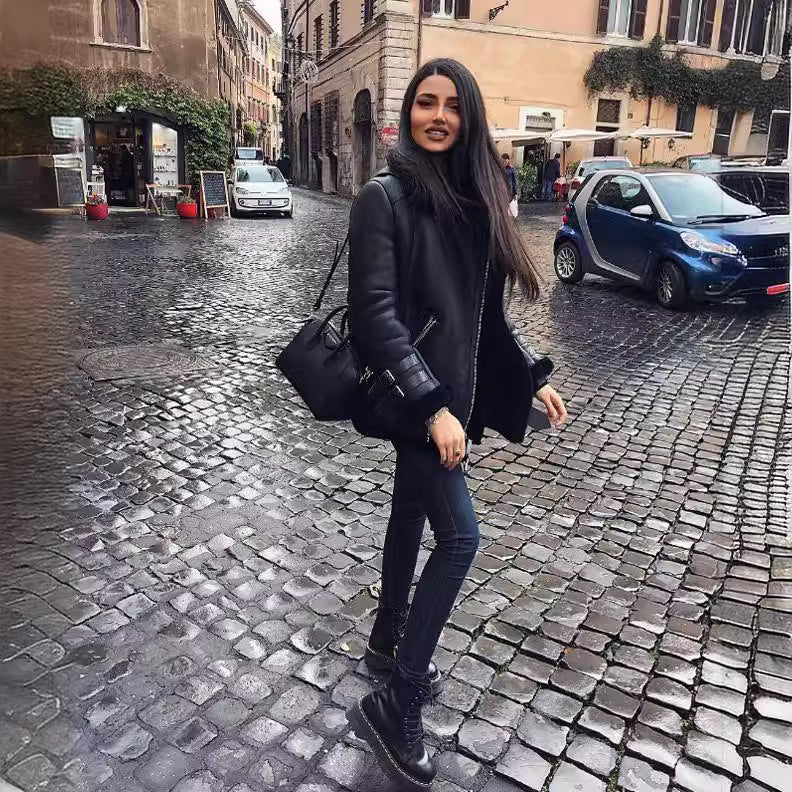 Damen modische jacke mit Kunstfellkragen und asymmetrischem Reißverschluss EB
