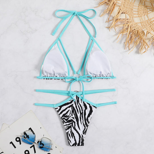 Damen Triangel-Bikini mit einzigartigem Ringdetail und trendy Zebra-Muster EB