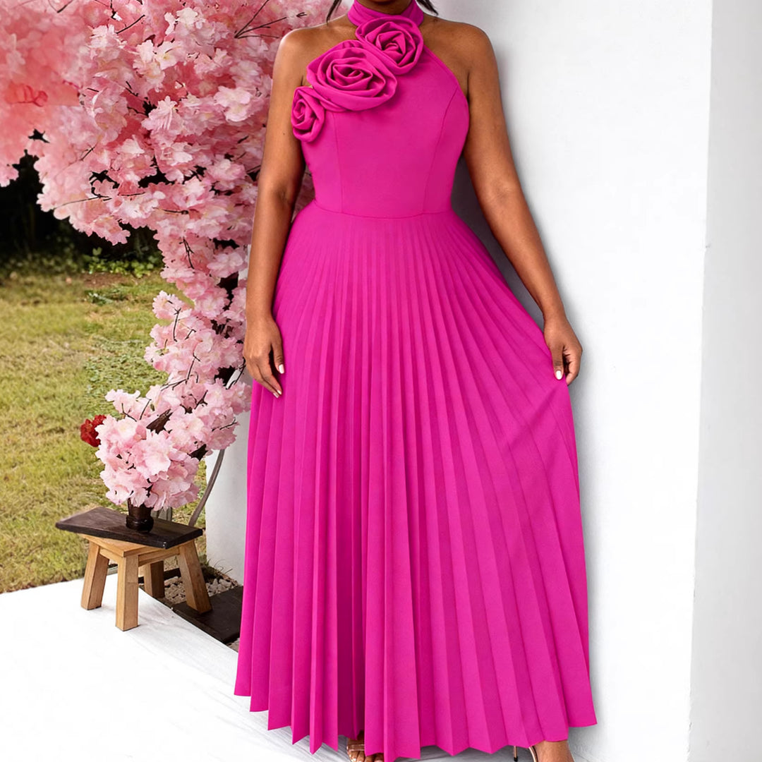 Damen Elegantes Plissiertes Maxikleid mit dekorativen Rosen EB