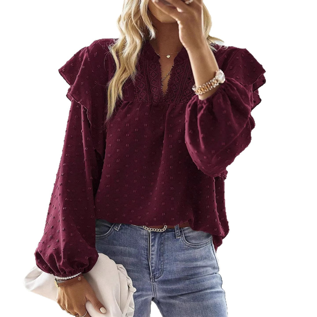 Damen Viskose-Bluse mit Spitzenstickerei und Volantärmeln EB
