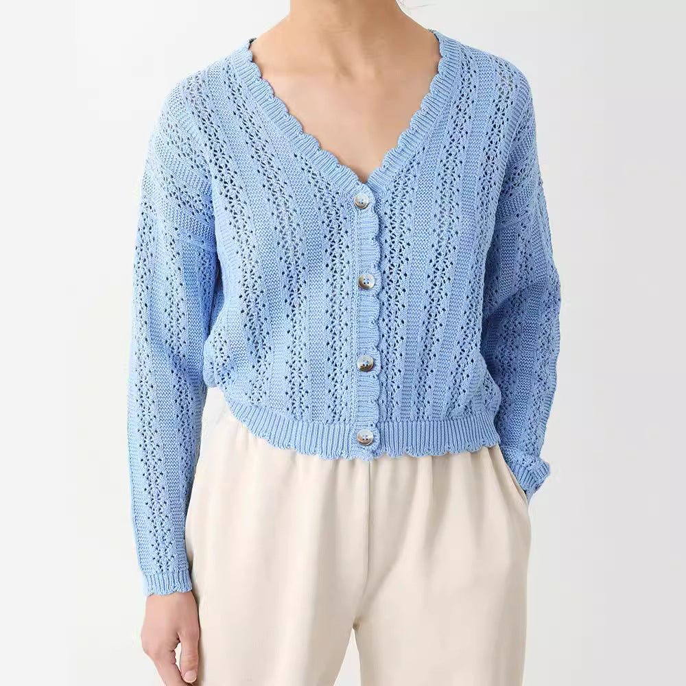 Damen Strickjacke mit filigranem Lochmuster und Wellenabschlüssen EB