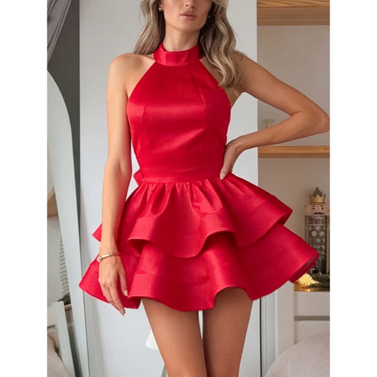 Damen Hochwertiges Mini-Kleid mit voluminösem Rüschensaum und Halterdesign EB