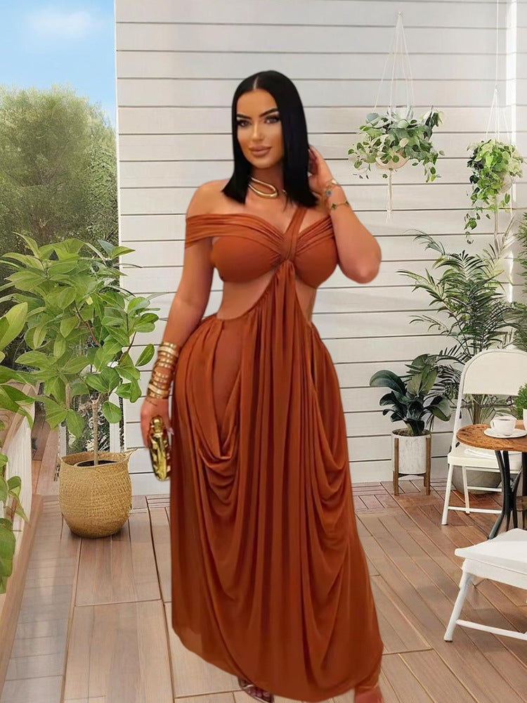Damen Elegantes Maxikleid mit asymmetrischem Schnitt und schulterfreiem Design EB