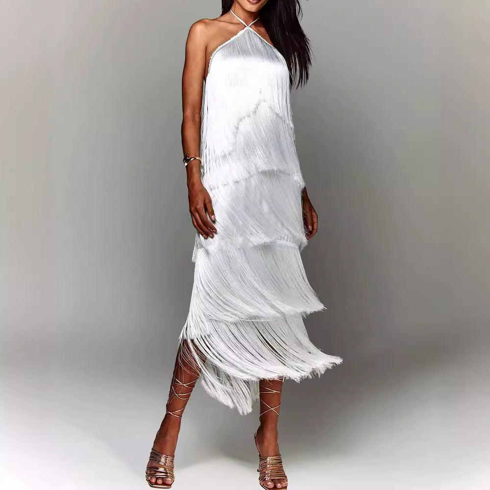 Damen Glamouröses Maxikleid mit Fransen und schulterfreiem Design EB