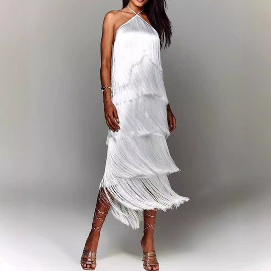 Damen Glamouröses Maxikleid mit Fransen und schulterfreiem Design EB