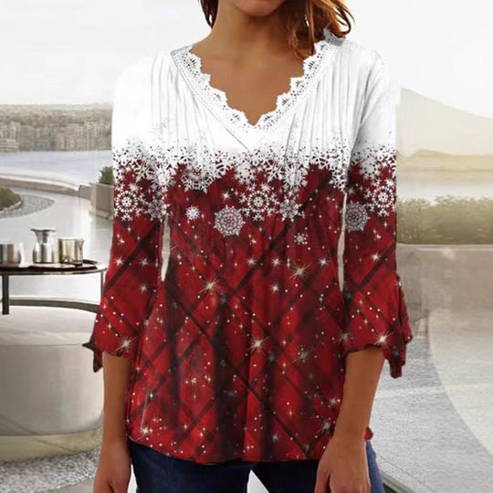 Damen Blusenshirt mit elegantem Spitzenhals und festlichem Karomuster Heidi-Mode
