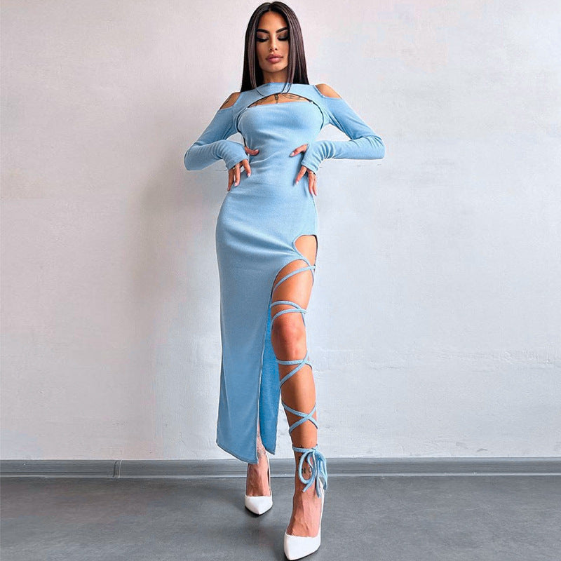 Damen Elegantes schulterfreies Maxikleid mit raffinierten Riemen EB