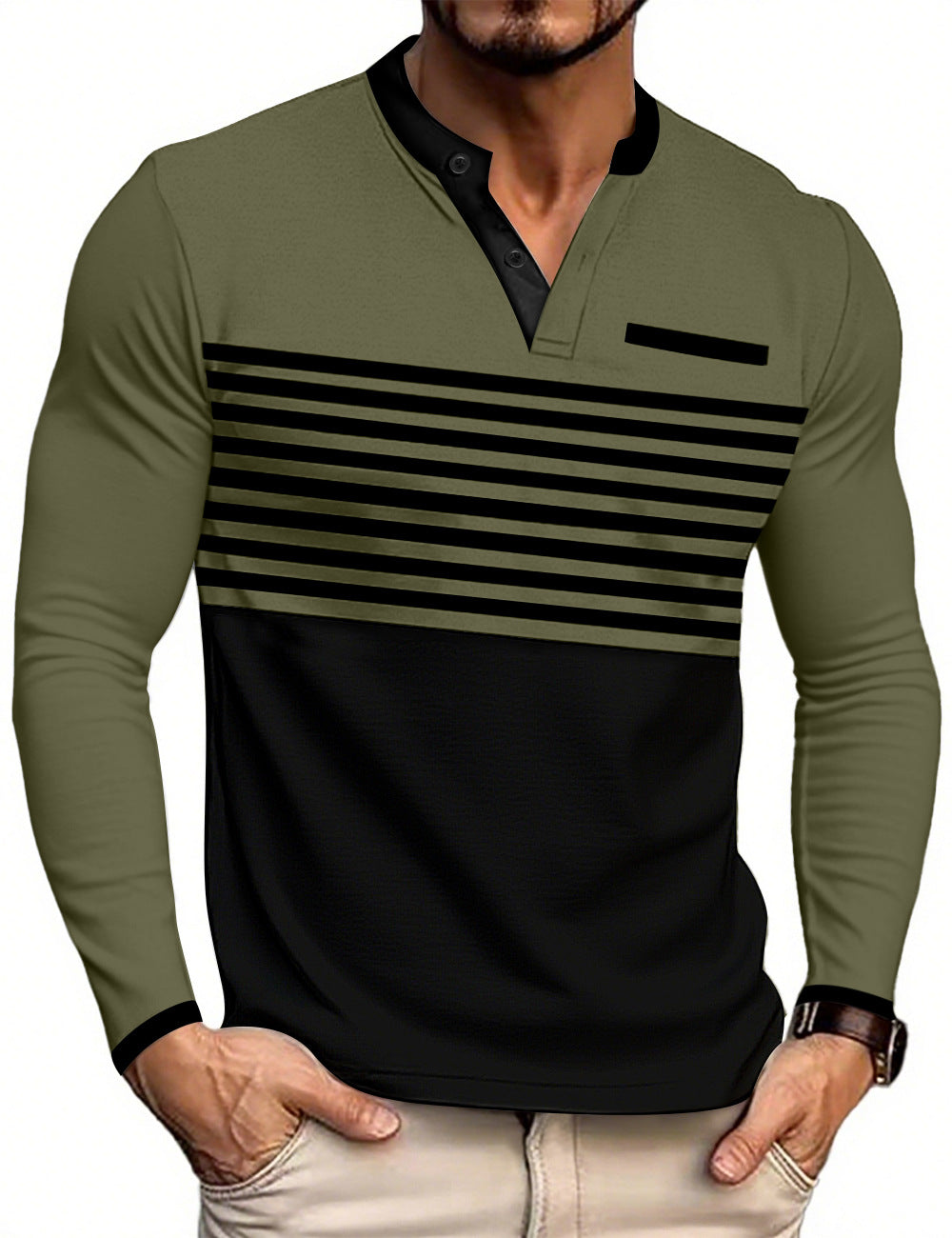 Herren nan modernes Langarm-Polo mit Henley-Blende gestreifter Brustpartie und Stehkragen EB