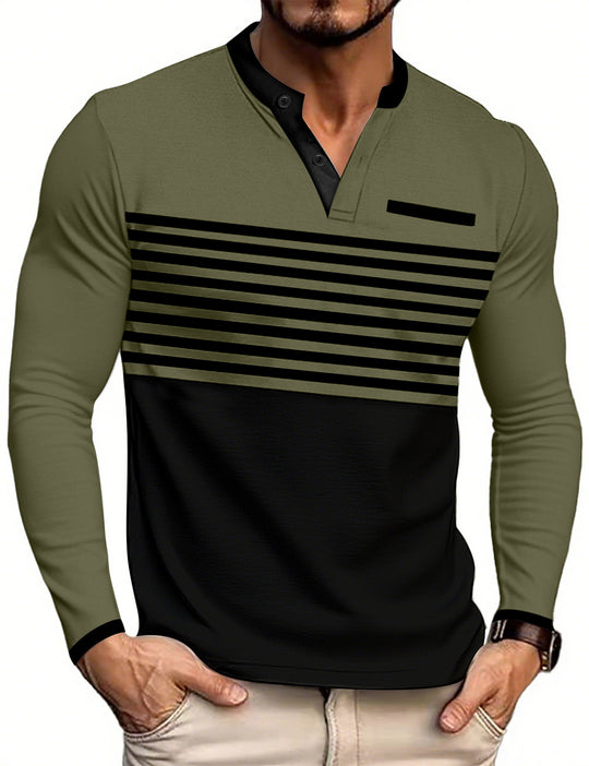 Herren nan modernes Langarm-Polo mit Henley-Blende gestreifter Brustpartie und Stehkragen EB