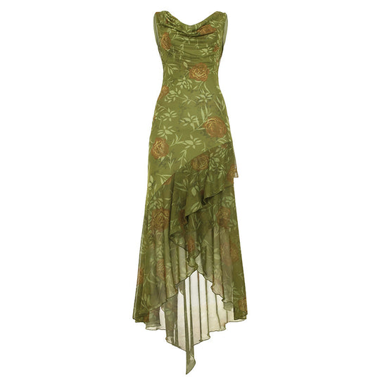Damen Maxikleid mit asymmetrischem Saum und floralem Design EB