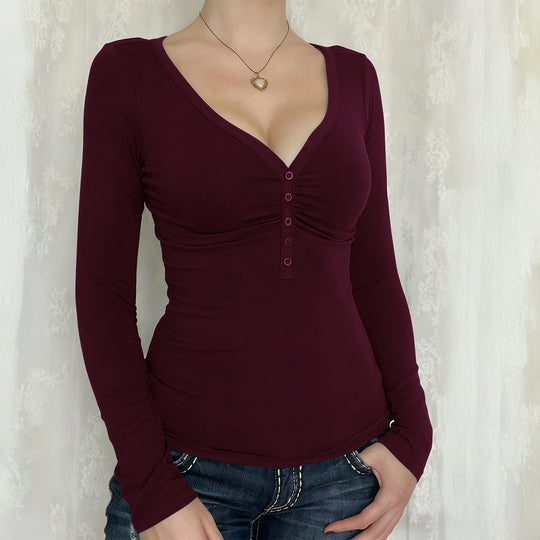 Damen nan tailliertes Langarmshirt mit geraffter Knopfleiste und tiefem V-Ausschnitt EB