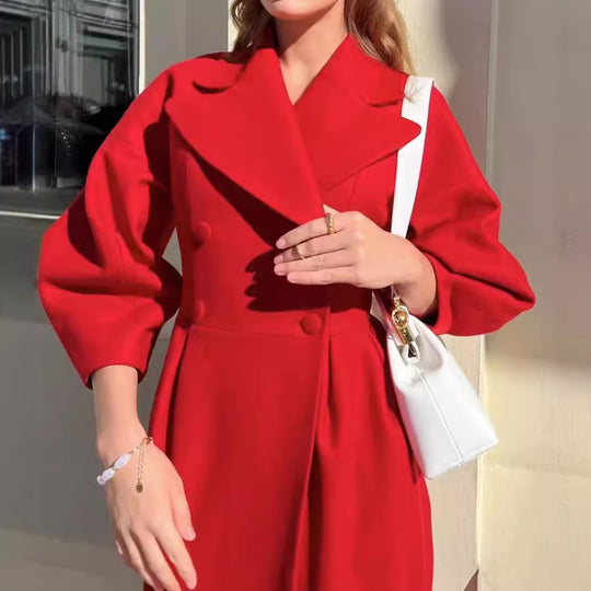 Damen eleganter Trenchcoat mit hohem Schlitz und Puffärmeln EB