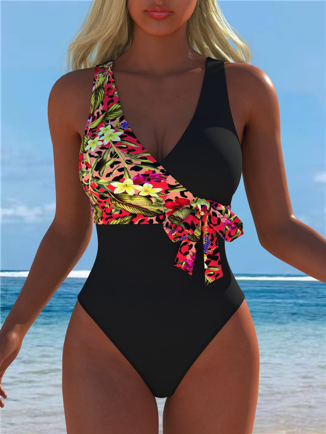 Damen einteiliger Badeanzug mit floralem Wickeldesign und modischem Schwarz EB