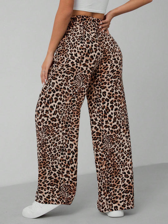 Damen Relaxed Fit Leopardenmuster Palazzo-Hose EB