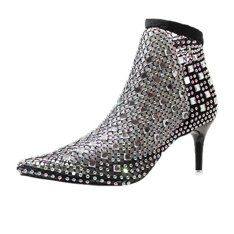 Damen elegante Netz-Stiefeletten mit funkelnden Strassverzierungen EB