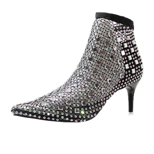 Damen elegante Netz-Stiefeletten mit funkelnden Strassverzierungen EB