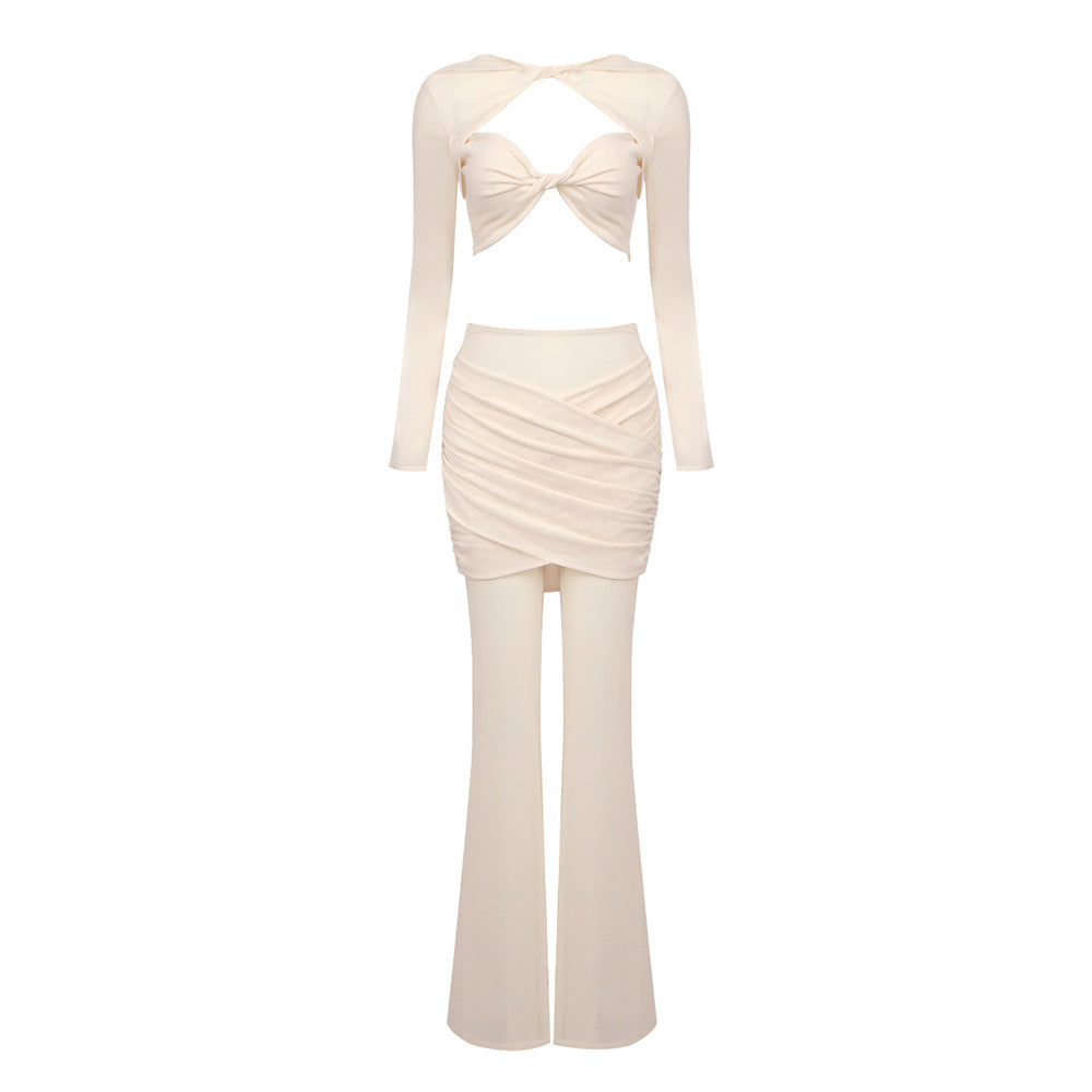 Damen elegantes Crop-Top und weit geschnittene Hose Set EB