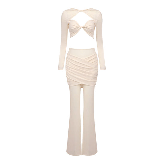 Damen elegantes Crop-Top und weit geschnittene Hose Set EB