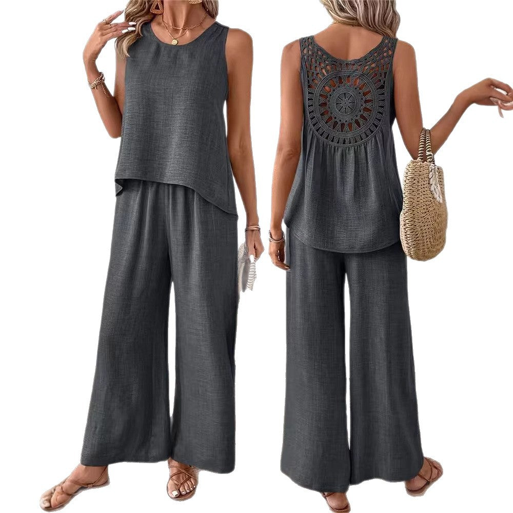 Damen Lässiges und luftiges Zweiteiliges Set mit Oberteil und weitem Hosen EB