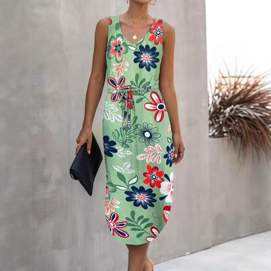 Damen Blumenmaxikleid mit elastischem Taillenkordelzug und seitlichem Schlitz EB
