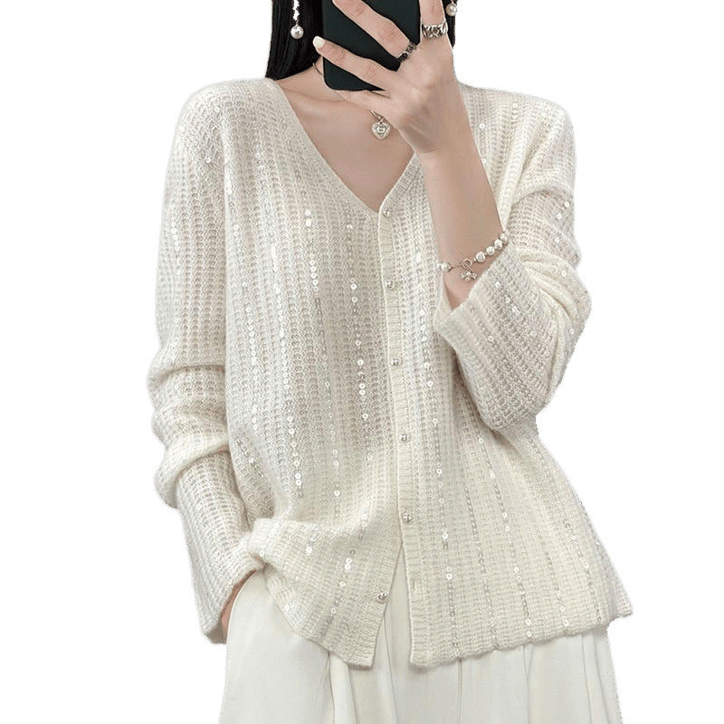 Damen Knopfverschluss Pailletten Cardigan Pullover EB