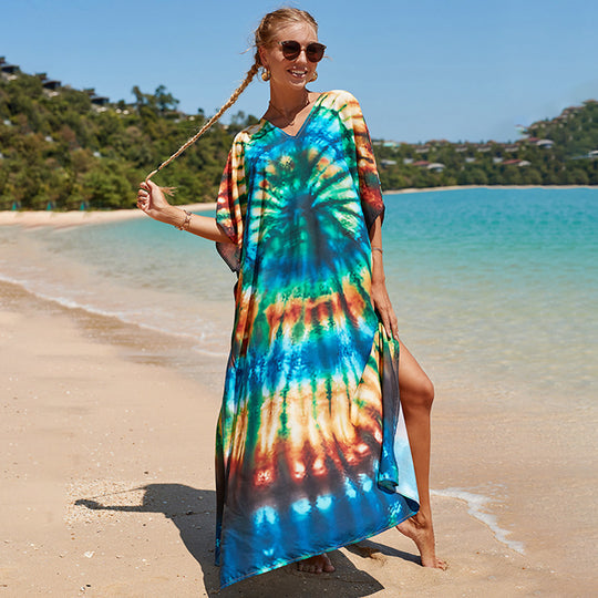 Damen Strandkleid mit buntem Batikdesign und weit geschnittenen Ärmeln EB