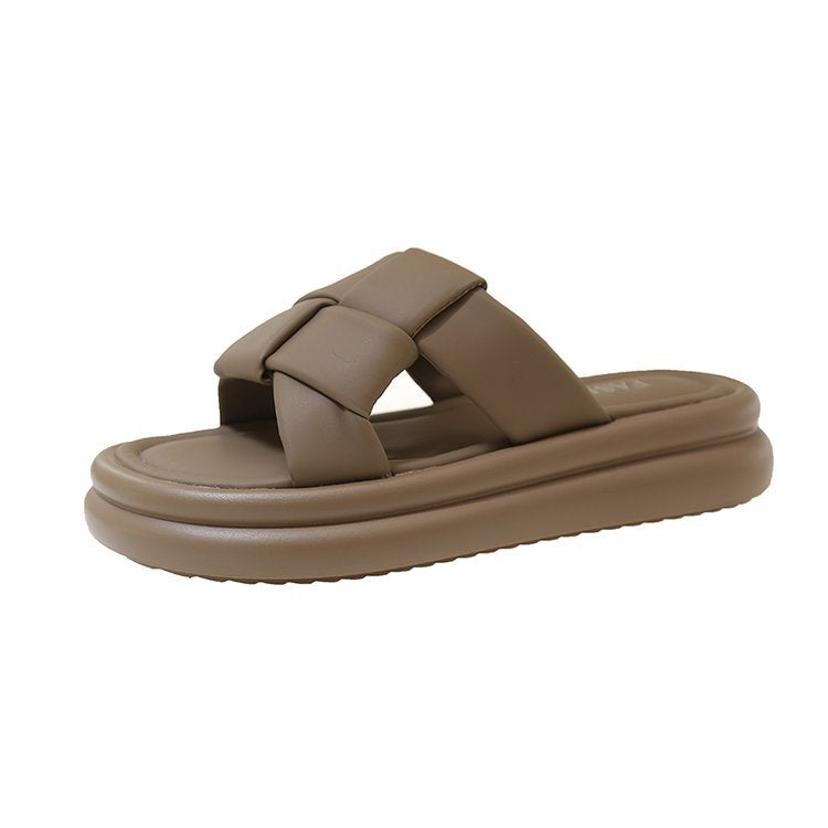 Damen flache Pantoletten mit geflochtenem Riemendesign und rutschfester Sohle EB