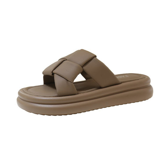Damen flache Pantoletten mit geflochtenem Riemendesign und rutschfester Sohle EB