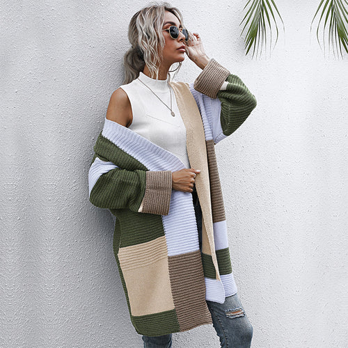 Damen modische Cardigan mit blockfarbigen Mustern und lässigem Schnitt EB