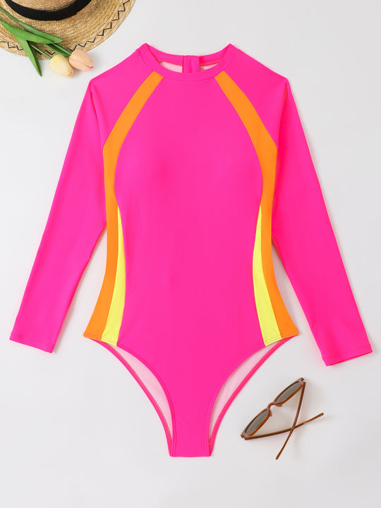 Damen Sportlicher Langarm-Badeanzug mit Farbblockdesign EB