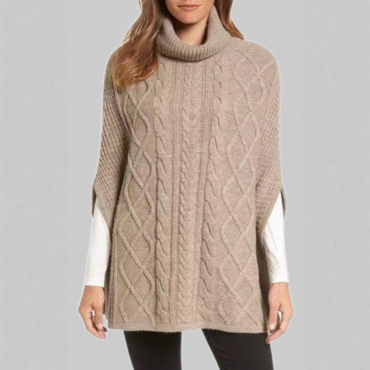 Damen Strickponcho mit hohem Kragen und klassischen Zopfmuster EB
