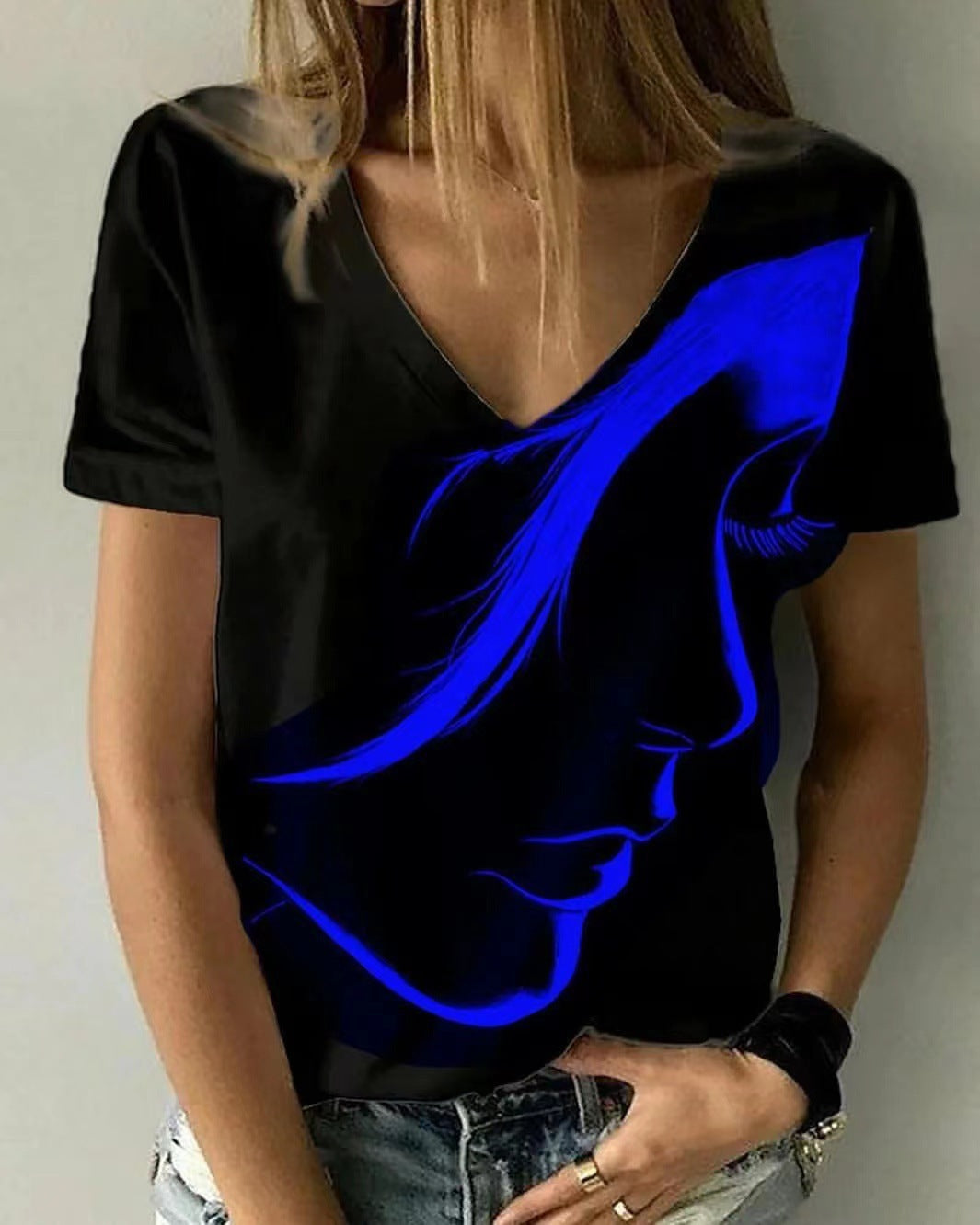 Damen V-Ausschnitt T-Shirt mit kreativem Grafikdruck EB