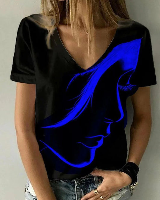 Damen V-Ausschnitt T-Shirt mit kreativem Grafikdruck EB