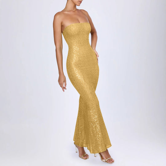 Damen Trägerloses Glamour-Maxi-Kleid mit schimmernden Pailletten und elegantem Schnitt EB