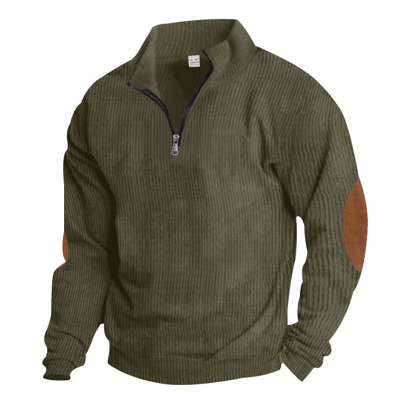 Herren nan gerippter Feinstrick-Pullover mit kurzem Reißverschluss Stehkragen und Lederoptik-Ellbogenpatches EB