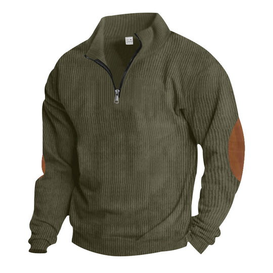 Herren nan gerippter Feinstrick-Pullover mit kurzem Reißverschluss Stehkragen und Lederoptik-Ellbogenpatches EB